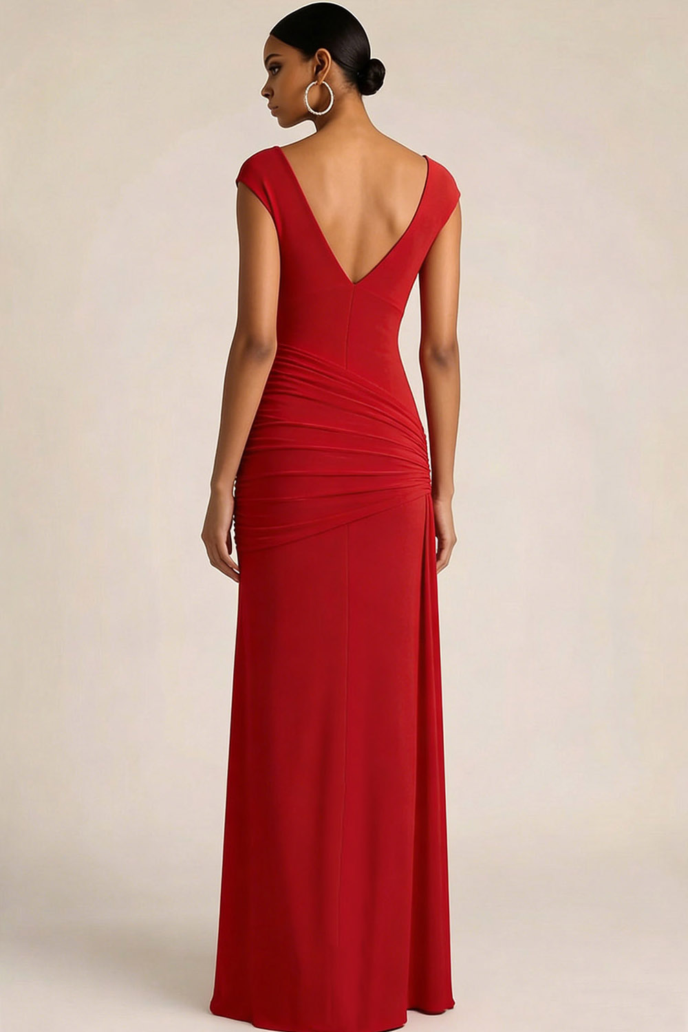Red Formal Evening Dress V-Neck Sleeveless Ruched Chiffon Maxi Dress 