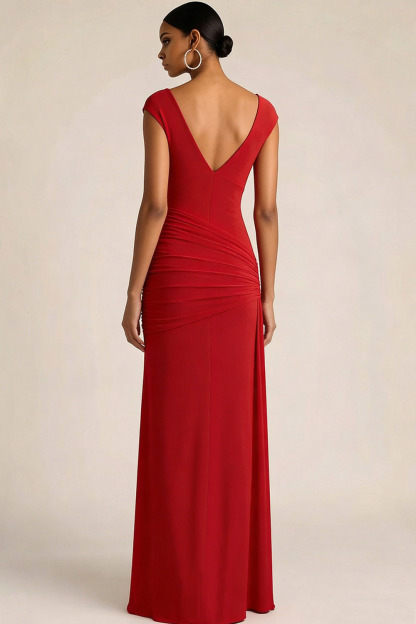 Red Formal Evening Dress V-Neck Sleeveless Ruched Chiffon Maxi Dress 