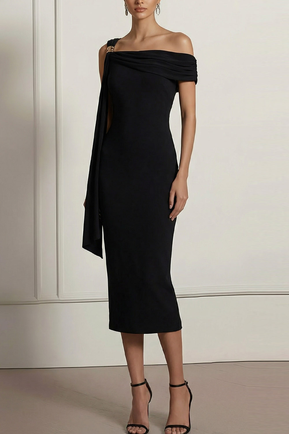 Black Formal Evening Dress Bodycon Off the Shoulder Midi Dress with Cape