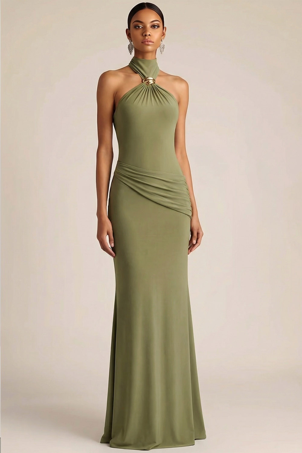 Olive Formal Dress Mermaid Halter Ruched Chiffon Maxi Dress 