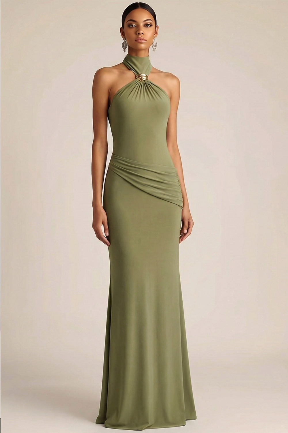 Olive Formal Dress Mermaid Halter Ruched Chiffon Maxi Dress