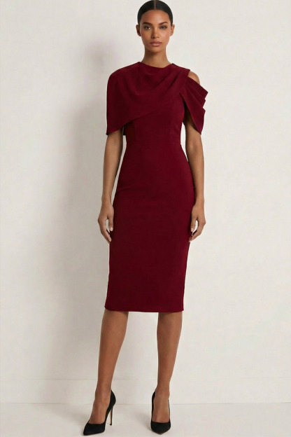 Burgundy Formal Evening Dress Bodycon Asymmetrical Neck Chiffon Midi Dress 