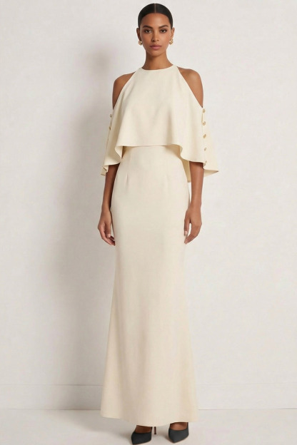 White Formal Dress Sheath One Shoulder Chiffon Maxi Dress with Cape