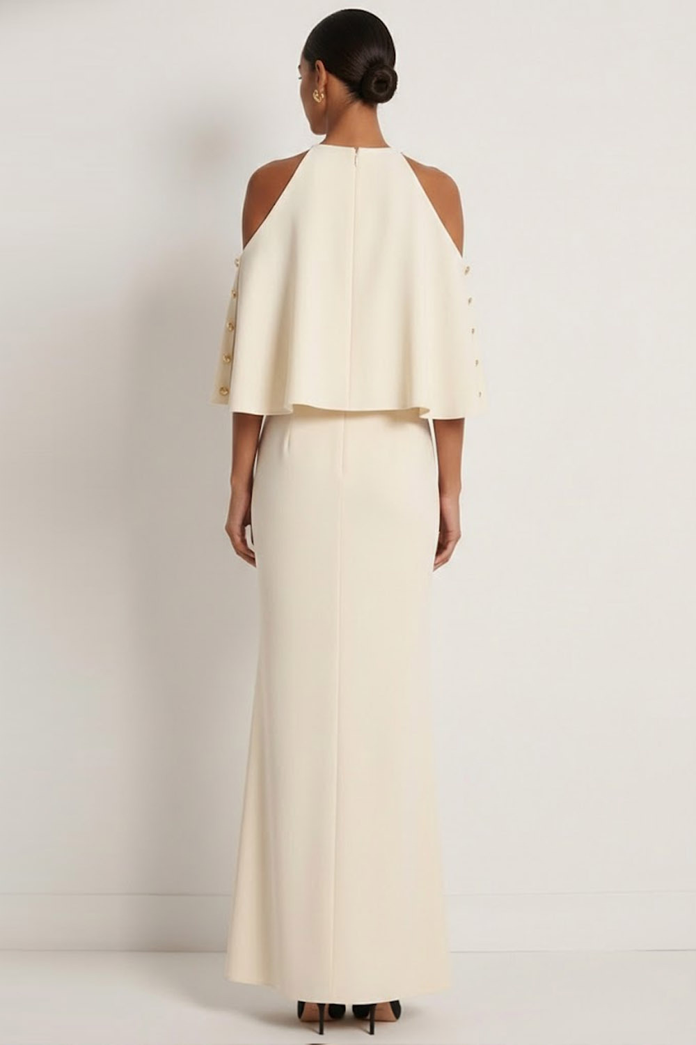 White Formal Dress Sheath One Shoulder Chiffon Maxi Dress with Cape