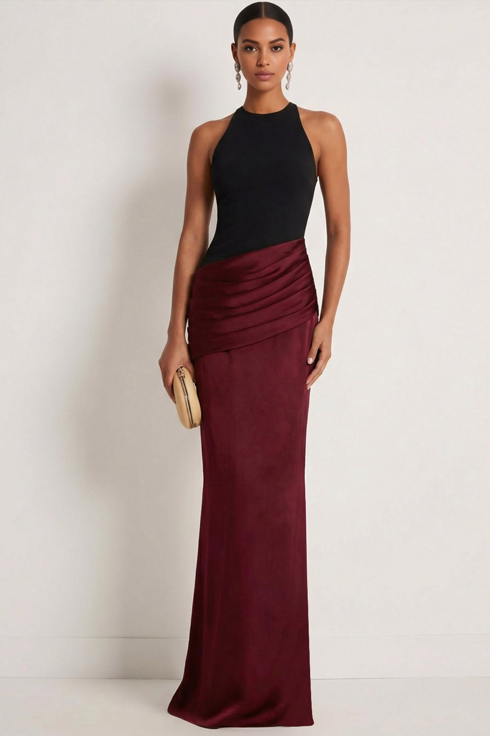 Burgundy Formal Evening Dress Round Neck Sleeveless Ruched Maxi Dress