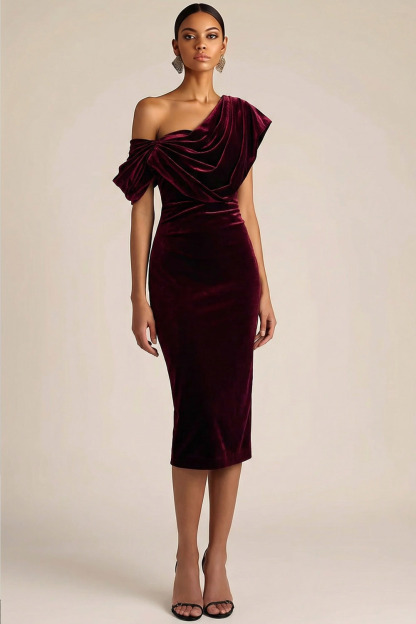 Burgundy Formal Evening Dress Bodycon Asymmetrical Neck Velvet Midi Dress 