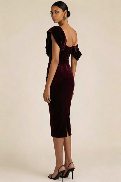 Burgundy Formal Evening Dress Bodycon Asymmetrical Neck Velvet Midi Dress 