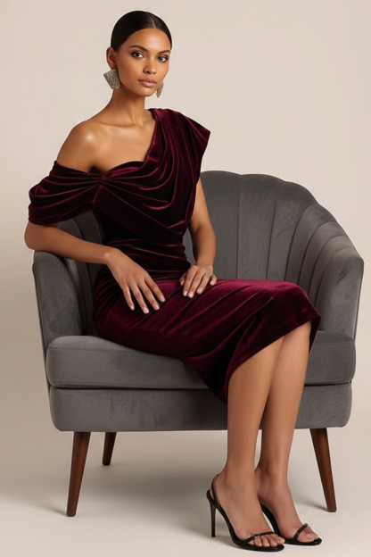 Burgundy Formal Evening Dress Bodycon Asymmetrical Neck Velvet Midi Dress 