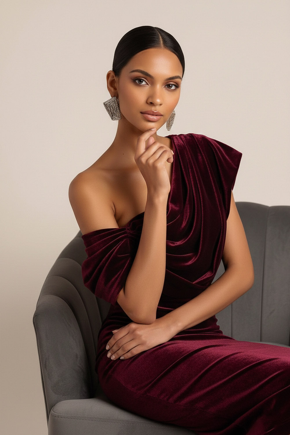Burgundy Formal Evening Dress Bodycon Asymmetrical Neck Velvet Midi Dress 