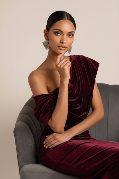 Burgundy Formal Evening Dress Bodycon Asymmetrical Neck Velvet Midi Dress 