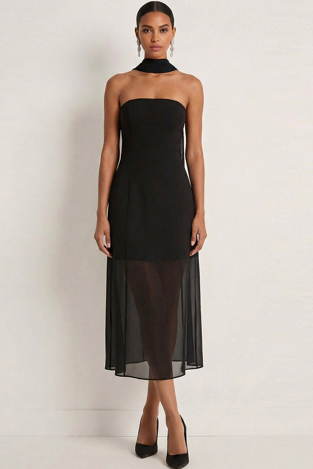 Black Formal Dress A-Line Strapless Chiffon Midi Dress with Scarf