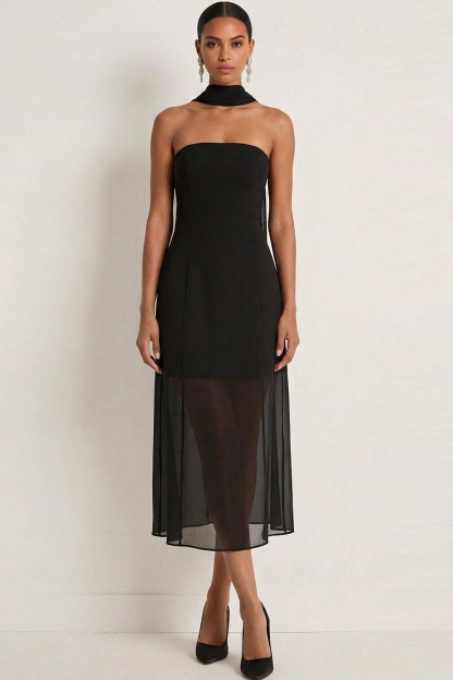Black Formal Dress A-Line Strapless Chiffon Midi Dress with Scarf