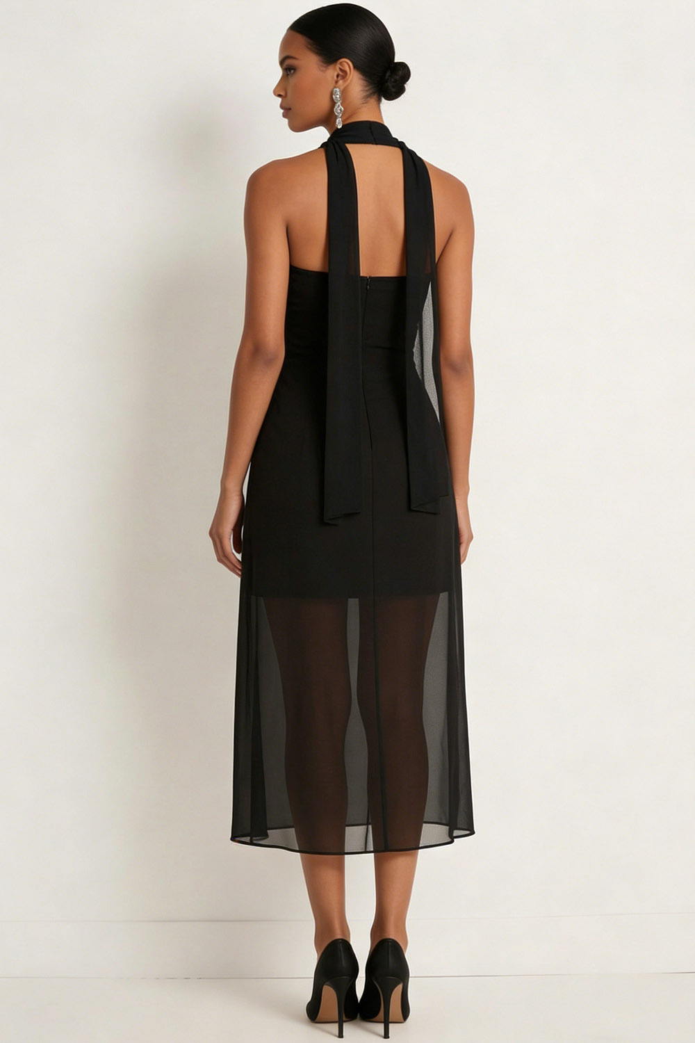 Black Formal Dress A-Line Strapless Chiffon Midi Dress with Scarf