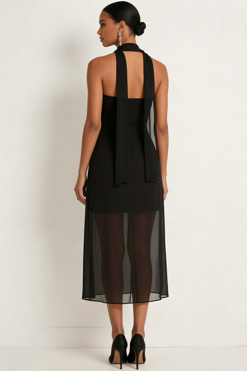 Black Formal Dress A-Line Strapless Chiffon Midi Dress with Scarf