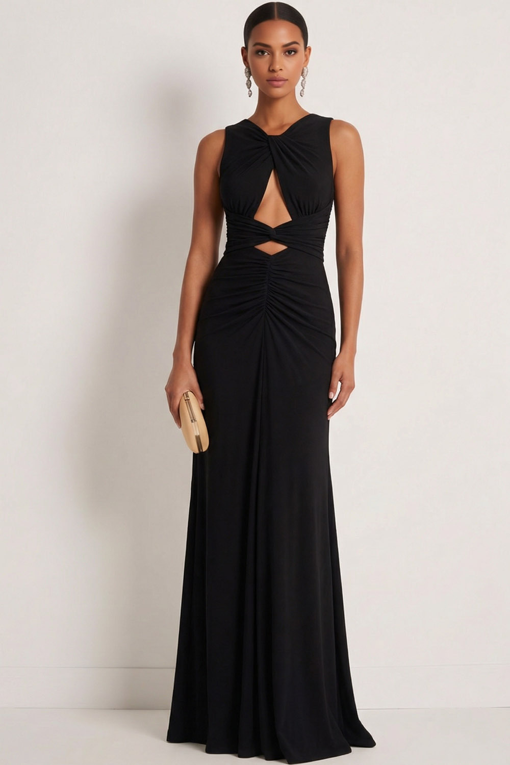 Black Formal Evening Dress Hollow Out Ruched Chiffon Maxi Dress