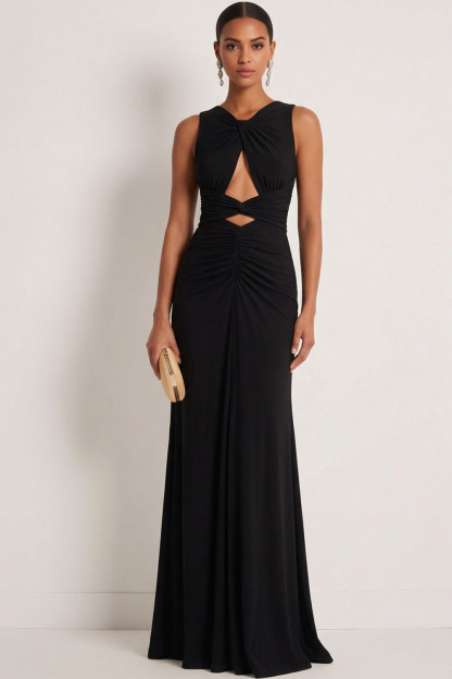 Black Formal Evening Dress Hollow Out Ruched Chiffon Maxi Dress