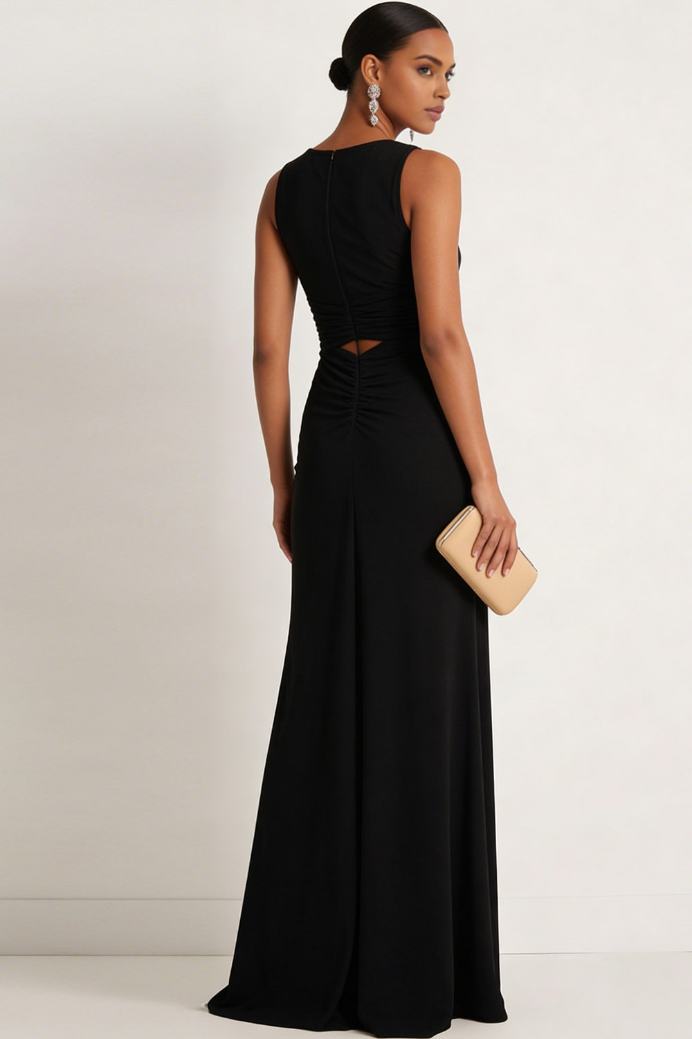 Black Formal Evening Dress Hollow Out Ruched Chiffon Maxi Dress