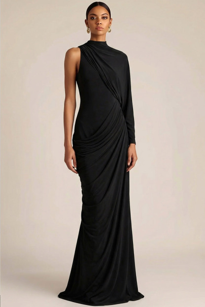 Black Formal Evening Dress High Neck Ruched Chiffon Maxi Dress