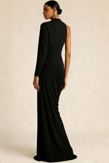 Black Formal Evening Dress High Neck Ruched Chiffon Maxi Dress