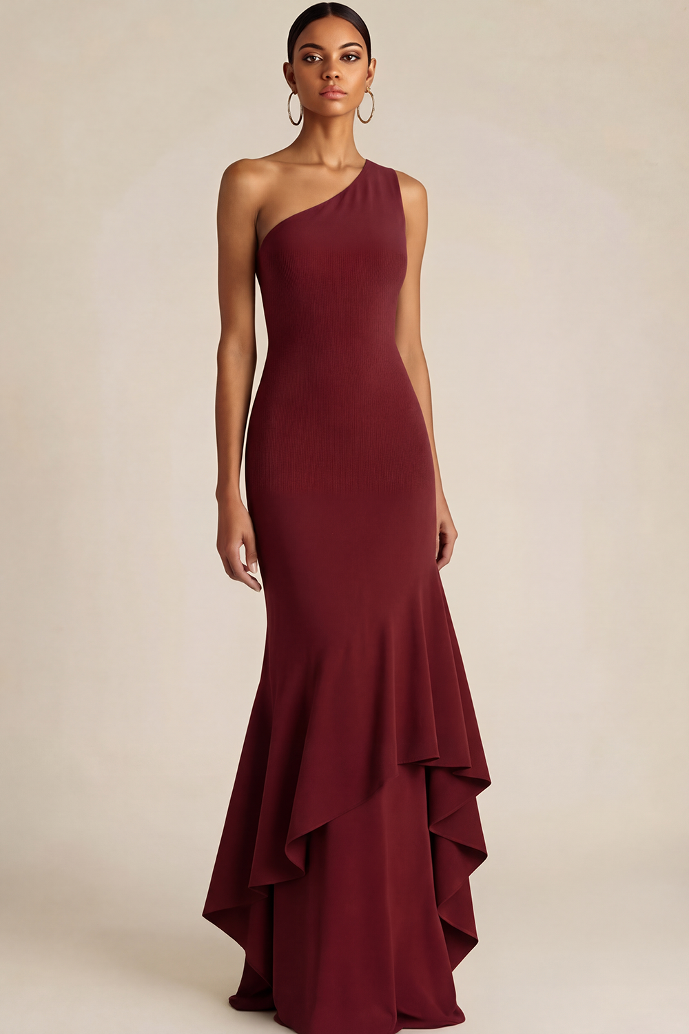 Olive Formal Dress Mermaid One Shoulder Maxi Dress with Ruffle 