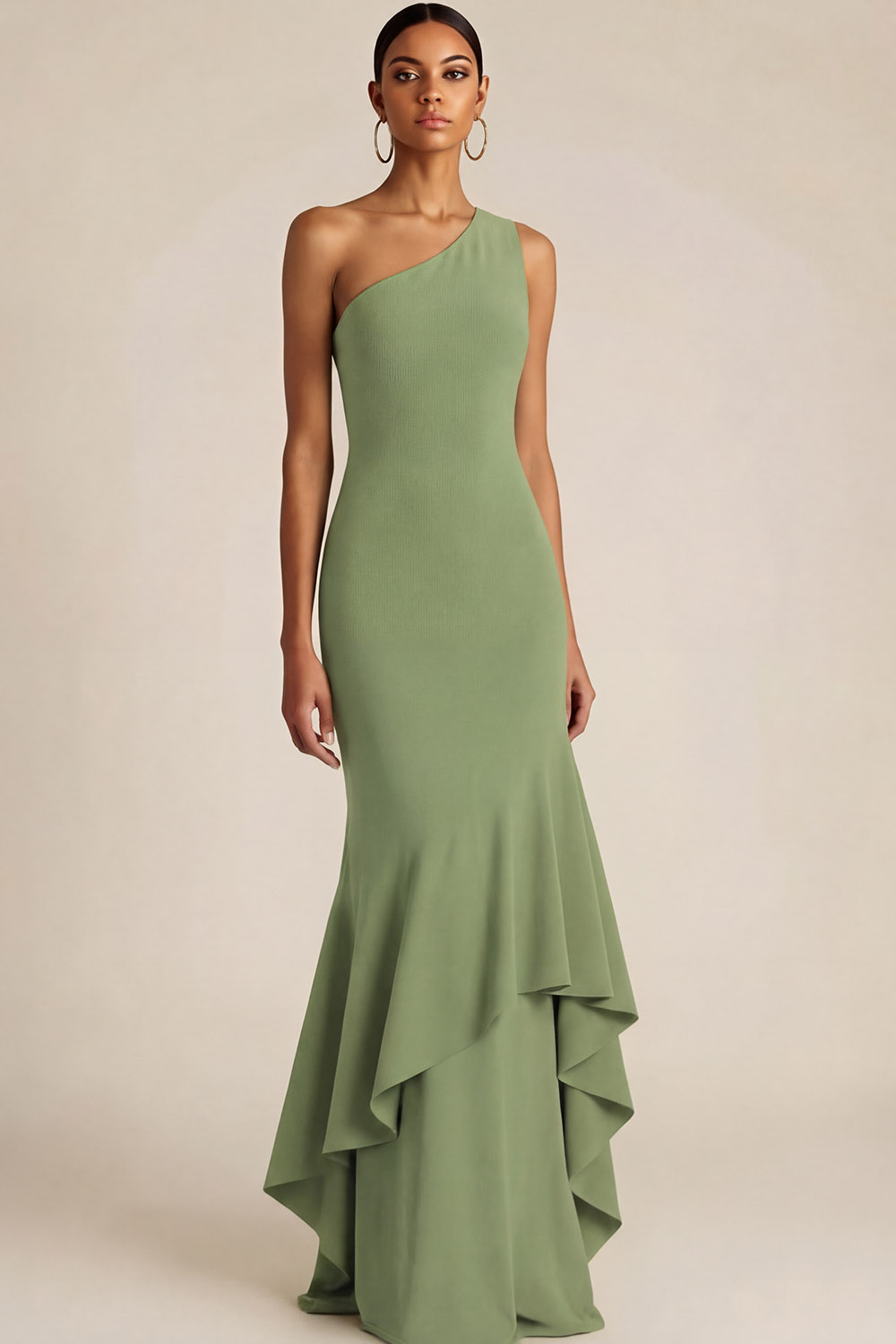 Olive Formal Dress Mermaid One Shoulder Maxi Dress with Ruffle 