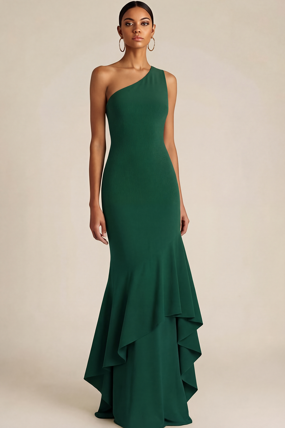 Olive Formal Dress Mermaid One Shoulder Maxi Dress with Ruffle 