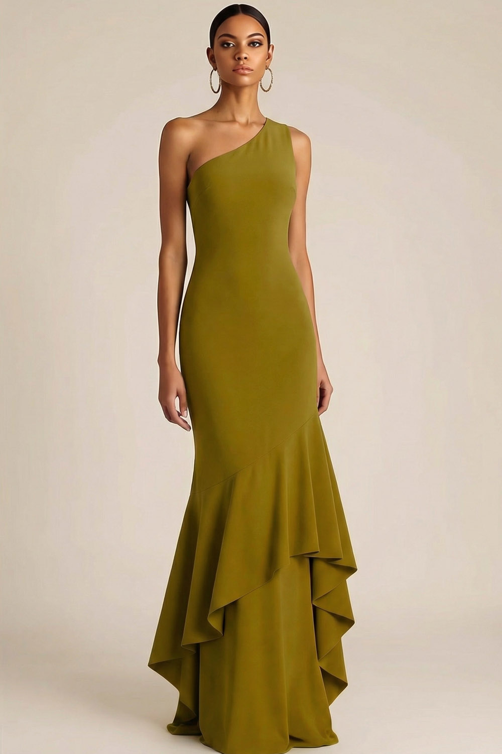 Olive Formal Dress Mermaid One Shoulder Maxi Dress with Ruffle 