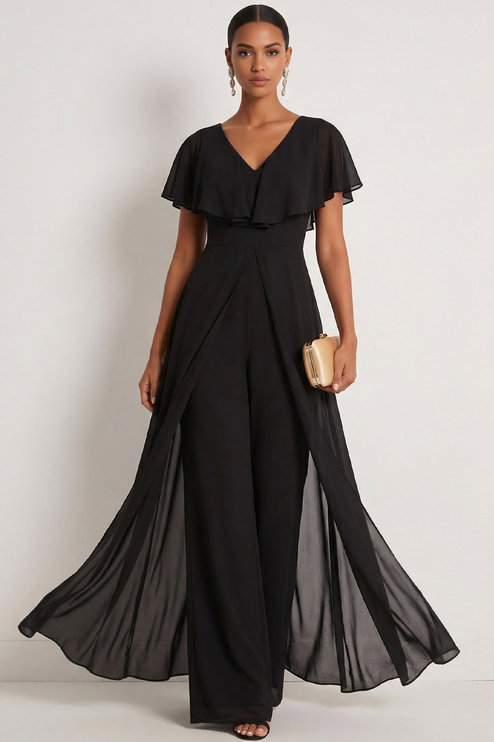 Black Formal Jumpsuit V-Neck Chiffon Ruffle Waist Cape Jumpsuit 