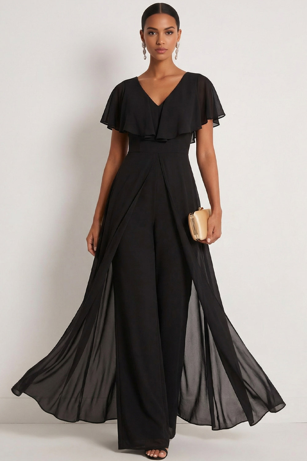 Black Formal Jumpsuit V-Neck Chiffon Ruffle Waist Cape Jumpsuit