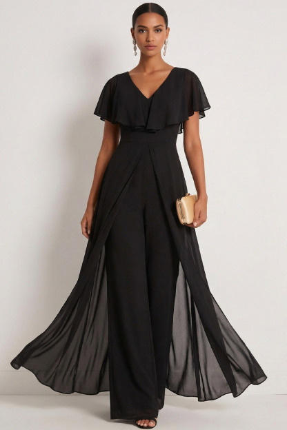 Black Formal Jumpsuit V-Neck Chiffon Ruffle Waist Cape Jumpsuit 