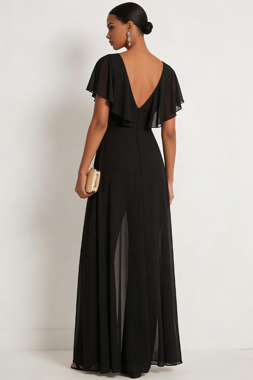 Black Formal Jumpsuit V-Neck Chiffon Ruffle Waist Cape Jumpsuit 