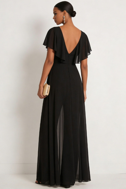 Black Formal Jumpsuit V-Neck Chiffon Ruffle Waist Cape Jumpsuit 