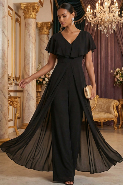 Black Formal Jumpsuit V-Neck Chiffon Ruffle Waist Cape Jumpsuit 