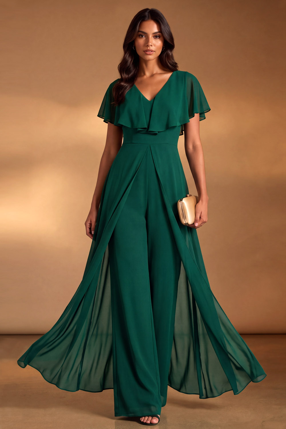 The Corvine | Black Formal Jumpsuit V-Neck Chiffon Ruffle Waist Cape Jumpsuit | Chiclody