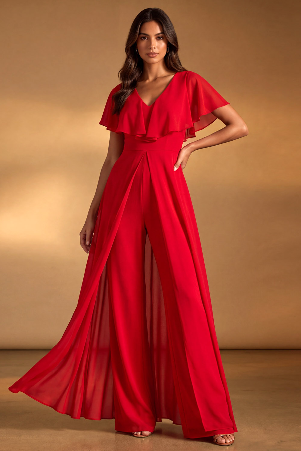 The Corvine | Black Formal Jumpsuit V-Neck Chiffon Ruffle Waist Cape Jumpsuit | Chiclody
