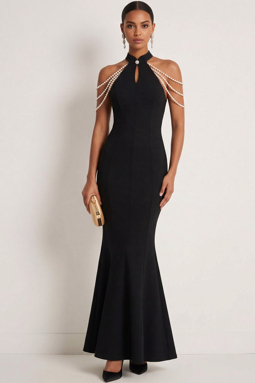 Black Formal Evening Dress Mermaid Halter Maxi Dress with Beading