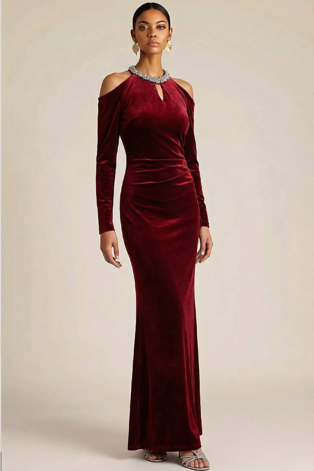 Burgundy Formal Evening Dress Cold Shoulder Long Sleeve Velvet Maxi Dress