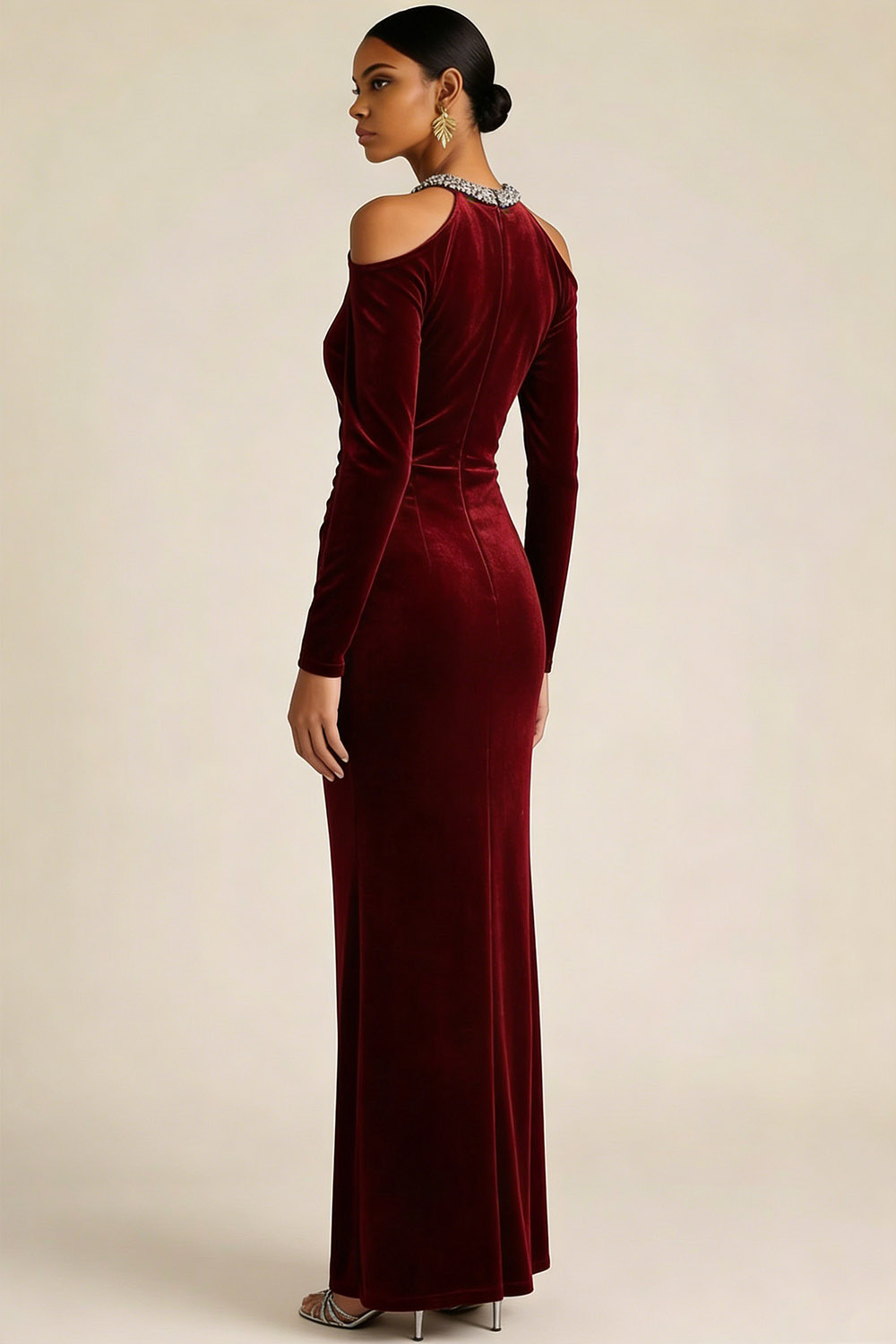Burgundy Formal Evening Dress Cold Shoulder Long Sleeve Velvet Maxi Dress 