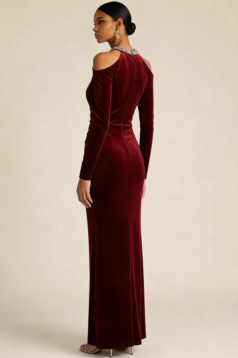 Burgundy Formal Evening Dress Cold Shoulder Long Sleeve Velvet Maxi Dress 