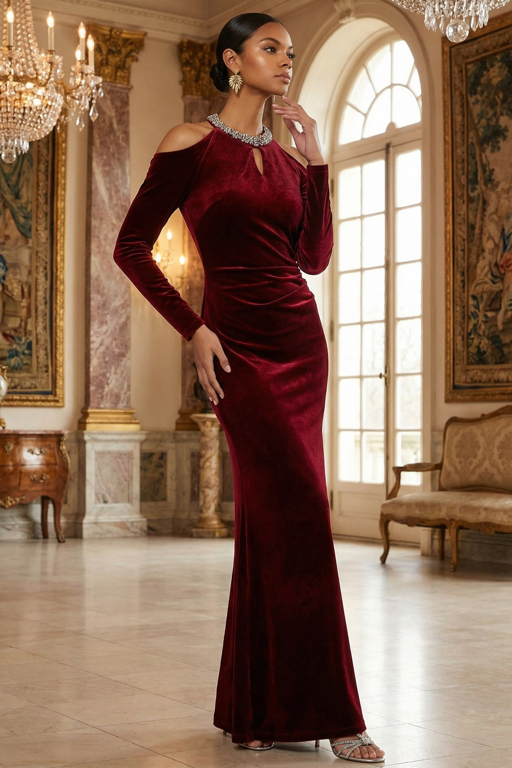 Burgundy Formal Evening Dress Cold Shoulder Long Sleeve Velvet Maxi Dress 