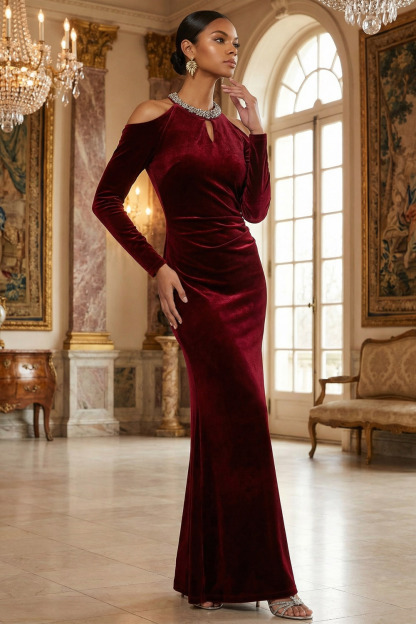 Burgundy Formal Evening Dress Cold Shoulder Long Sleeve Velvet Maxi Dress 