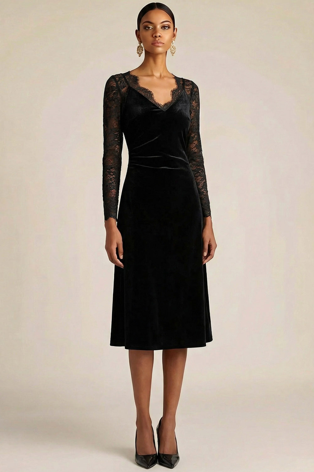 Black Formal Evening Dress V-Neck Long Sleeve Velvet Midi Dress