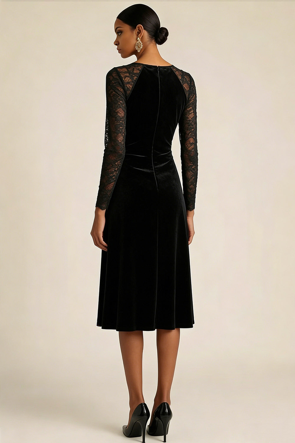 Black Formal Evening Dress V-Neck Long Sleeve Velvet Midi Dress 