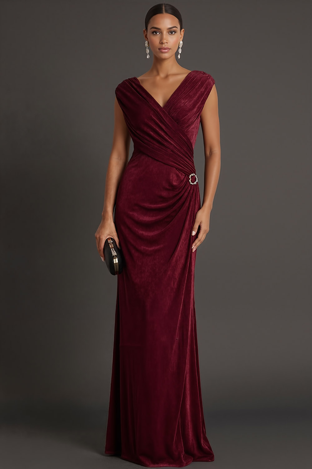Burgundy Formal Evening Dress Sheath V-Neck Ruched Velvet Maxi Dress