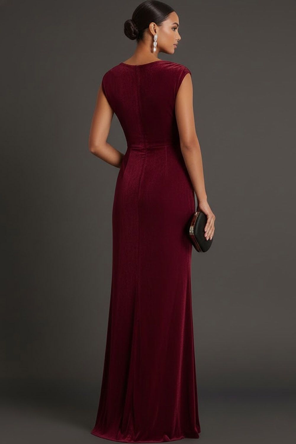 Burgundy Formal Evening Dress Sheath V-Neck Ruched Velvet Maxi Dress 