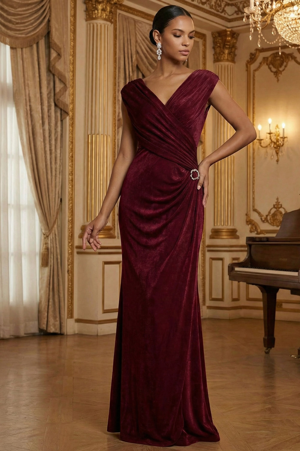 Burgundy Formal Evening Dress Sheath V-Neck Ruched Velvet Maxi Dress 