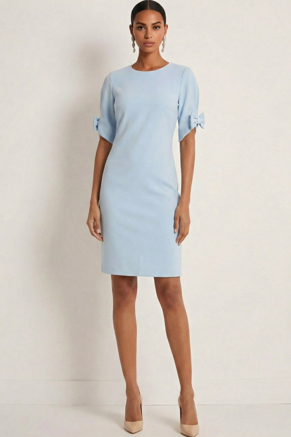 Sky Blue Formal Evening Dress Round Neck Short Sleeve Mini Dress