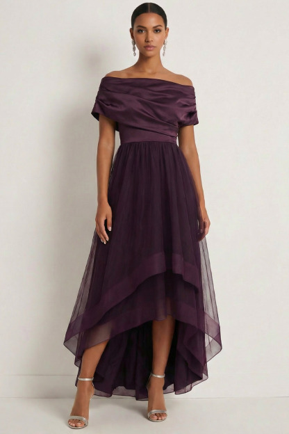 Dark Purple Formal Dress A-Line Off the Shoulder Tulle High-Low Dress 