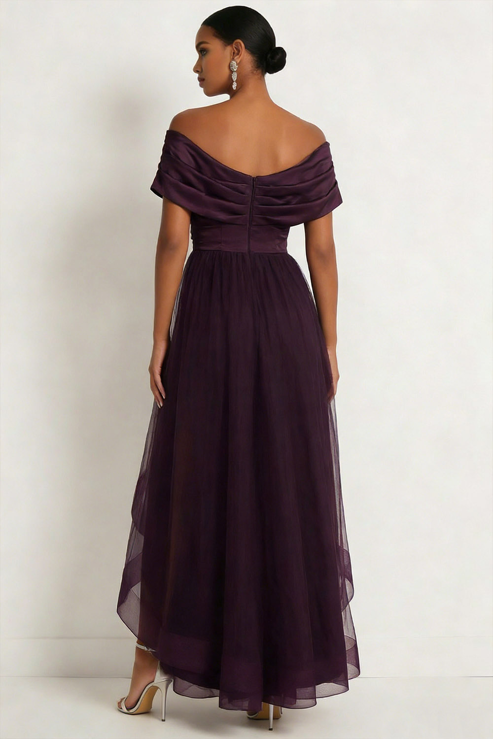 Dark Purple Formal Dress A-Line Off the Shoulder Tulle High-Low Dress 