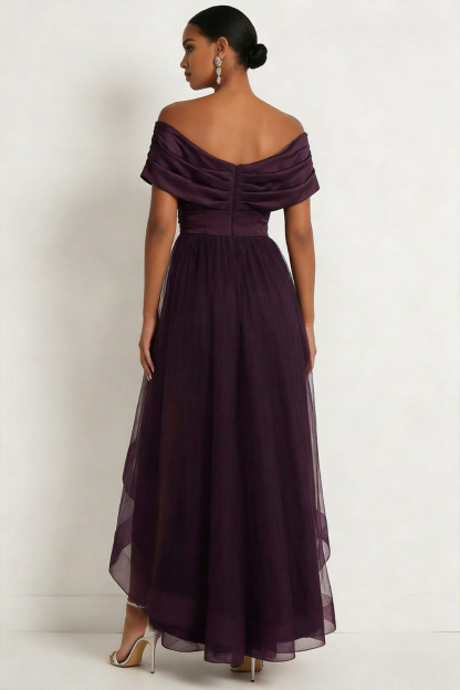 Dark Purple Formal Dress A-Line Off the Shoulder Tulle High-Low Dress 